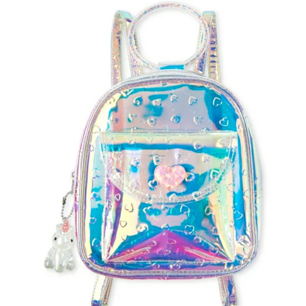 Girls Embossed Heart Holographic Mini Backpack